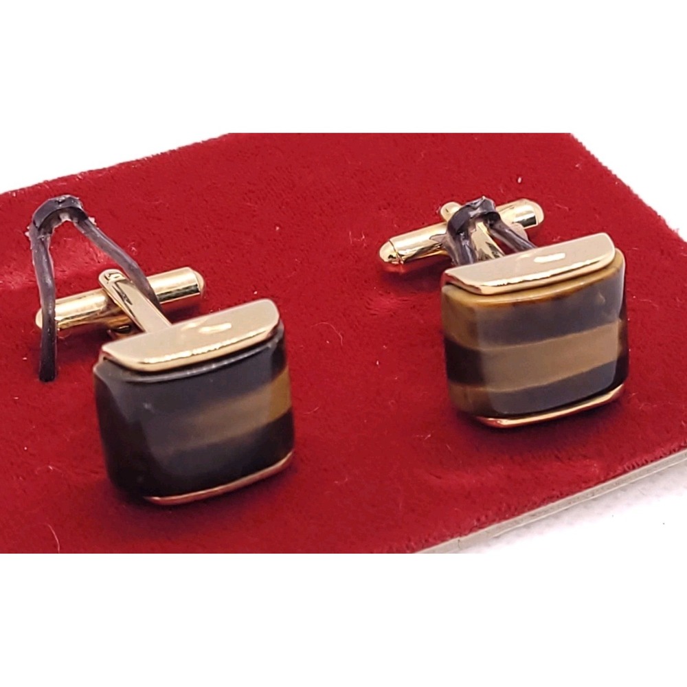 Vintage Gold Tone Tiger Eye Striped Stone Cufflinks Square Men's Formal
